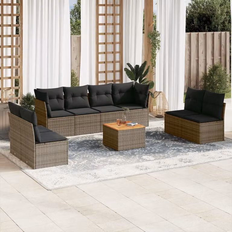 vidaXL Set Divano da Giardino 9 pz in Polyrattan con Cuscini e Tavolino da Caffè, Design Moderno a L, Grigio e Marrone