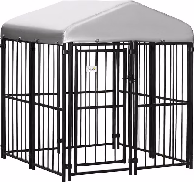 Recinto per cani, galline e anatre PawHut Aosom con tettuccio, nero, L/P/H: 122 x 122 x 138 cm – 1