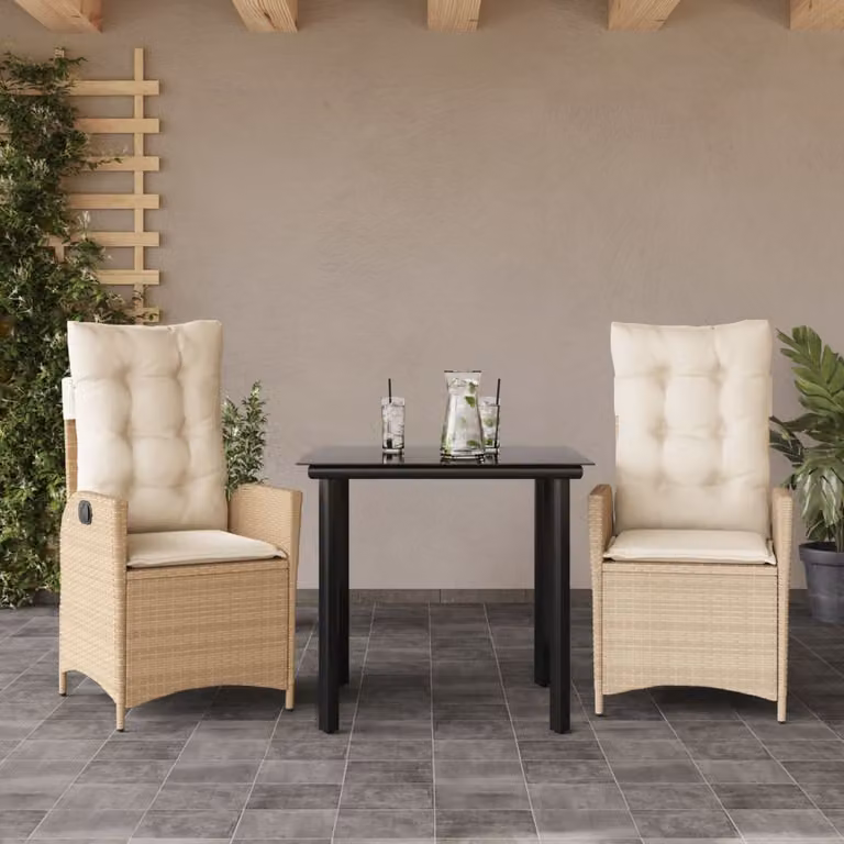 Set da Pranzo da Giardino 3 pz vidaXL in Polyrattan con Cuscini Beige e Tavolo in Vetro