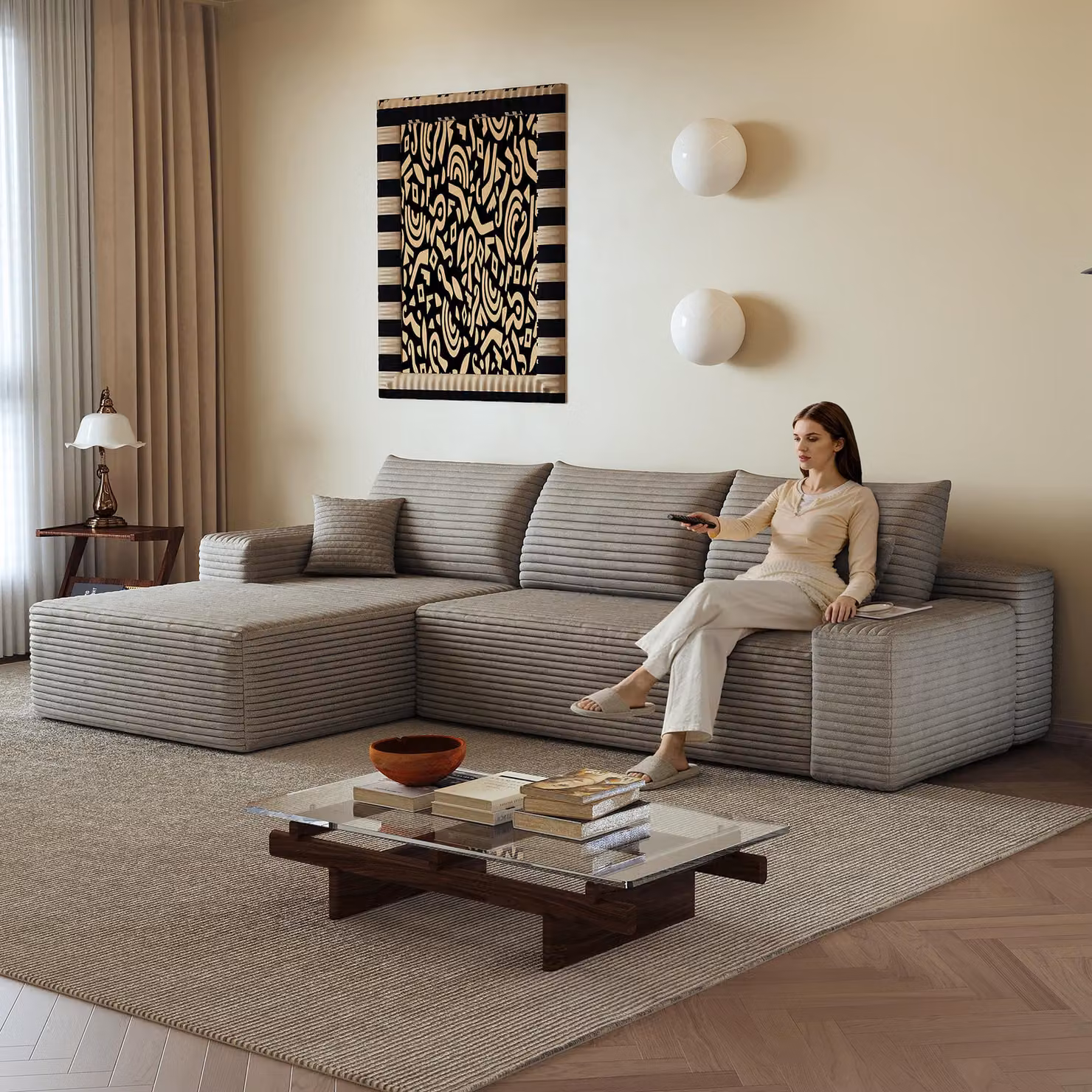 Divano angolare modulare senza braccioli, 270 cm, forma a L, seduta profonda, senza necessità di montaggio, divano compattabile (color cammello)