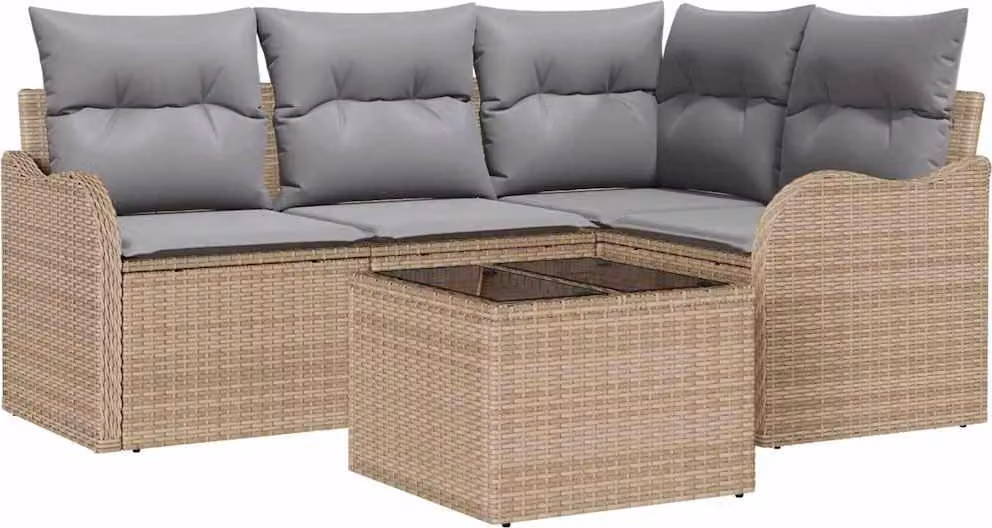 Set Divano da Giardino con cuscino 5 pcs Beige Poly Rattan