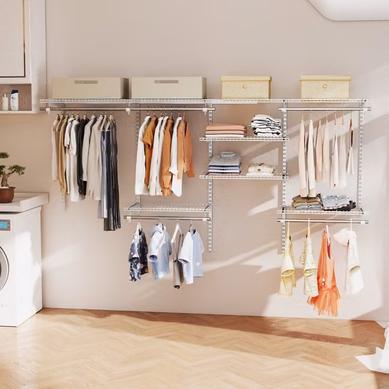 Costway Sistema di organizzazione e stoccaggio armadi con asta pendente e scaffali per camera da letto, Bianco
