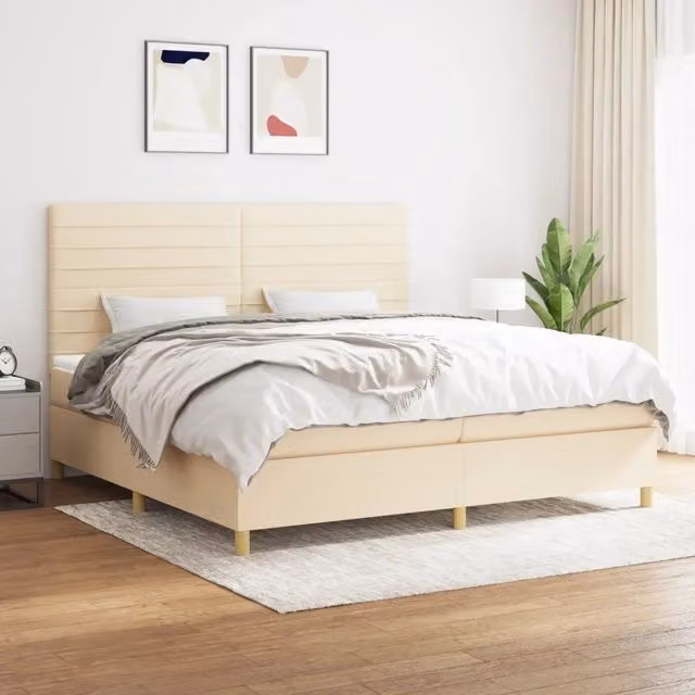 Letto Ibrido Moderno vidaXL con Sommier a Molle e Materasso in Tessuto Beige e Bianco L/P/H: 200 x 200 x 128 cm
