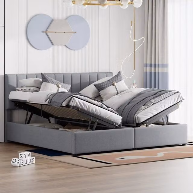 Letto contenitore Mivray con vano idraulico e testiera regolabile imbottita in tessuto di lino grigio L/P: 180 x 200 cm