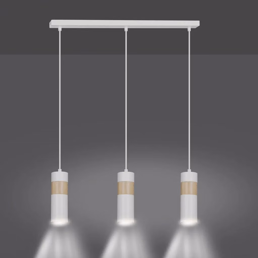 Lampadario a soffitto Luceart-Classic con 3 luci a cilindro in acciaio bianco e legno naturale – 2