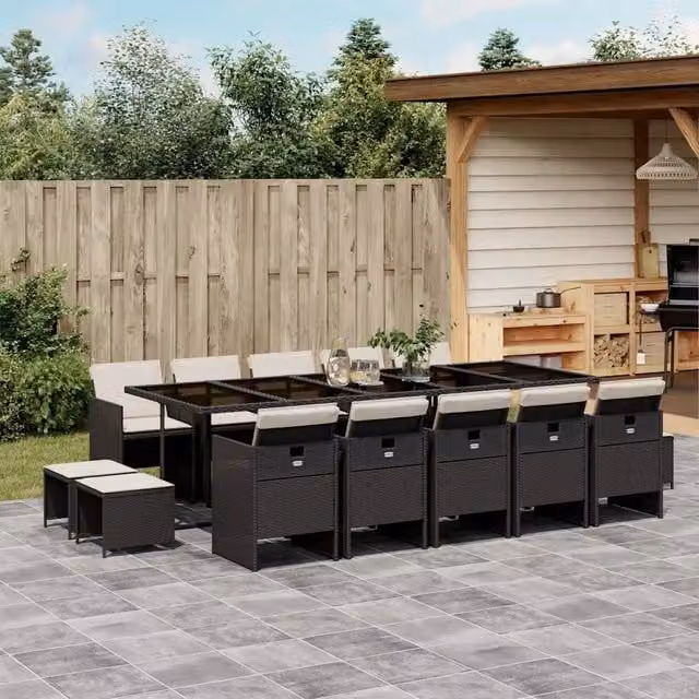 Set da Pranzo da Giardino vidaXL in Polyrattan Nero con Cuscini e Tavolo in Vetro, 15 Pezzi