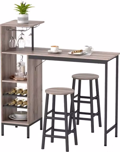Set da bar Minimal con tavolo rettangolare e sgabelli, ripiani per stoccaggio, Grigio