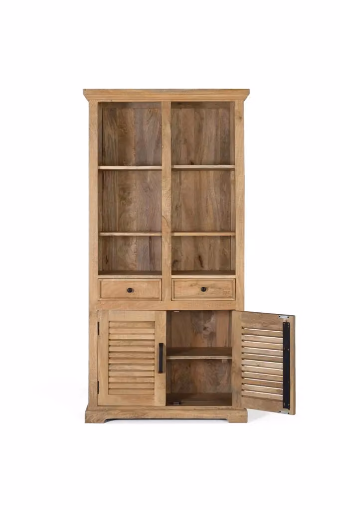 Libreria in legno di mango naturale marrone intagliata a mano con pannello posteriore – 2
