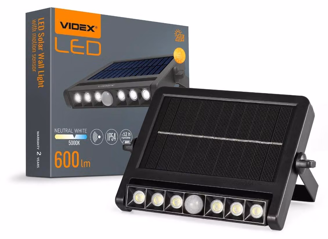Lampada solare VIDEX LED con sensore crepuscolare e rilevatore di movimento, proiettore, 2 Ah, 600 lm