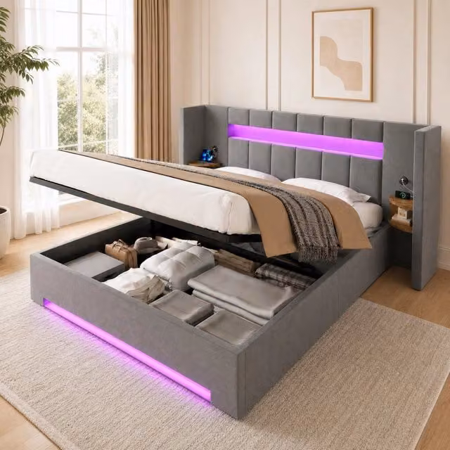 Letto contenitore imbottito ULEVR 160x200 cm con LED, 2 USB e mobili laterali, velluto grigio scuro