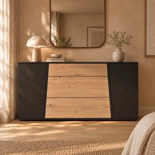Credenza con 2 ante 3 cassetti e ripiani regolabili per cucina e soggiorno in MDF nero legno naturale 140 × 35 × 70 cm