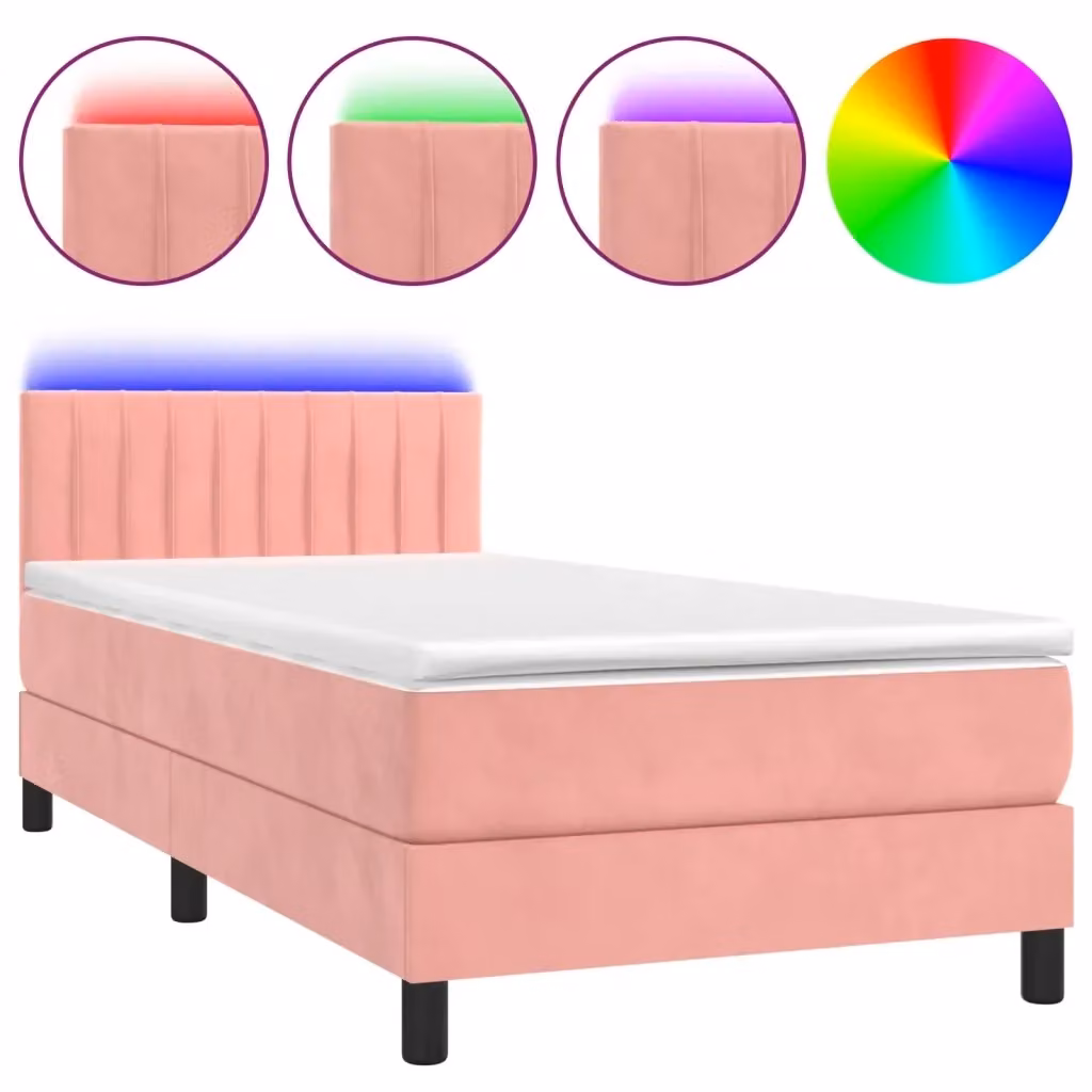 Letto matrimoniale con materasso ibrido vidaXL in velluto rosa e bianco con illuminazione LED sottostante e porta USB, L/P/H: 90 x 190 cm – 2