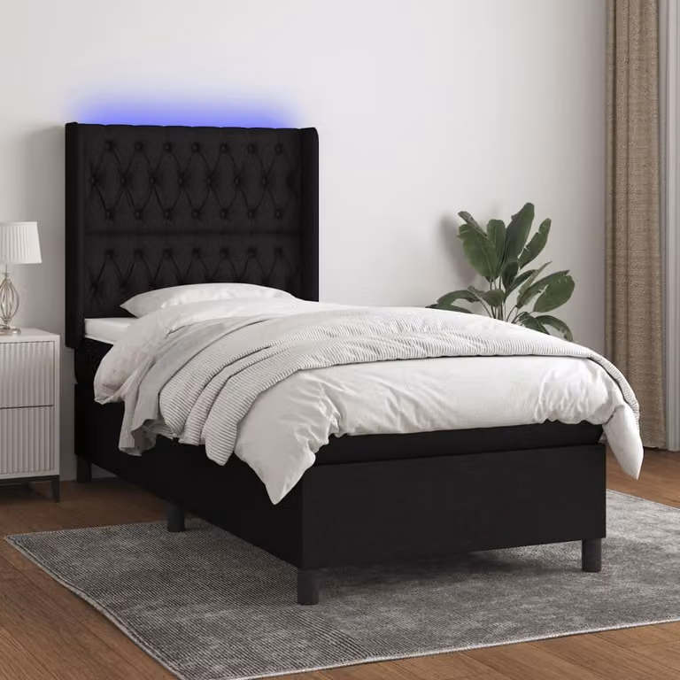 The Living Store Letto a molle con materasso e LED nero 90x190 cm in tessuto