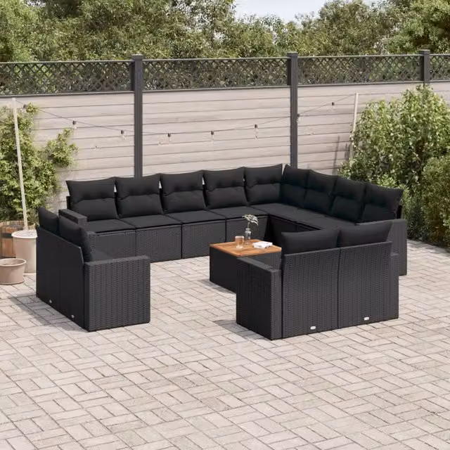 Set di Divani da Giardino a Forma di U con Cuscini vidaXL in Polyrattan Nero e Legno di Acacia – 1