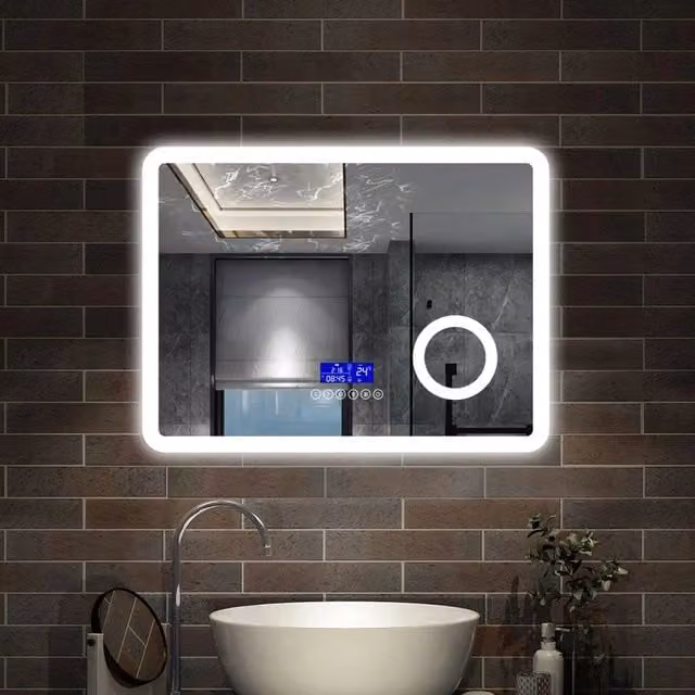 specchio rettangolare 80x60 cm con luce dimmerabile a 3 colori, bluetooth, antiappannamento e ingranditore 3x