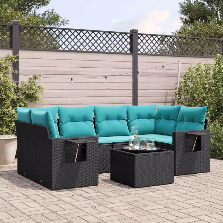 Set Divani da Giardino vidaXL 7 pz in Polyrattan Nero con Cuscini e Tavolino da Esterno
