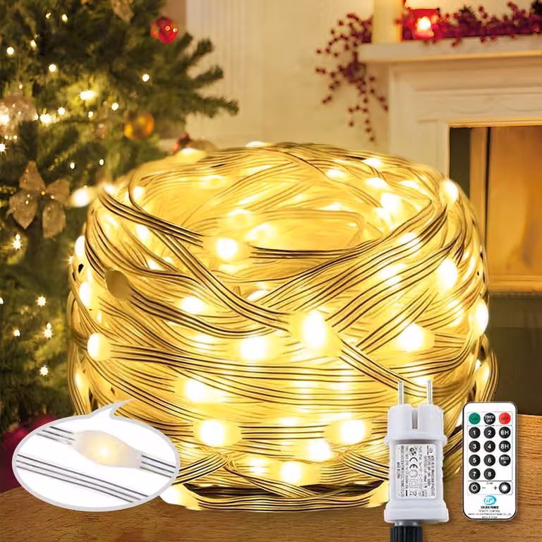 Catena luminosa con 220 LED, 25 metri, luce bianco caldo, 8 modalità, telecomando, timer, grado di protezione IP67