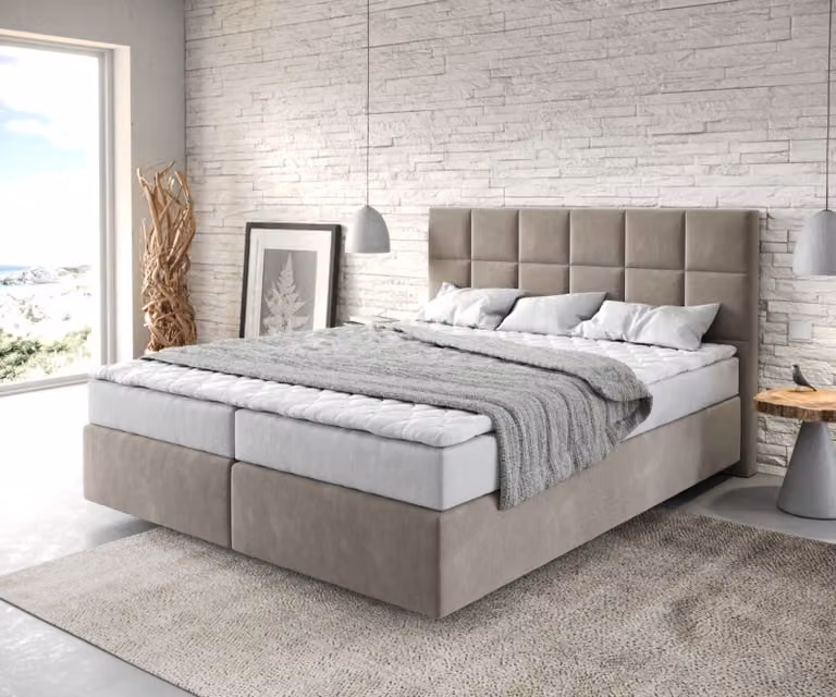 Letto boxspring DELIFE Dream-Fine 160x200 cm in microfibra beige con materasso e topper