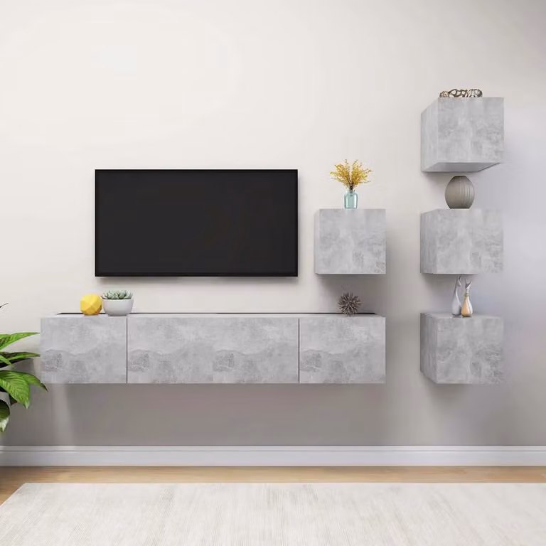 Set di mobili porta TV moderno vidaXL in legno e MDF, 6 pezzi, Grigio Cemento, da appendere alla parete