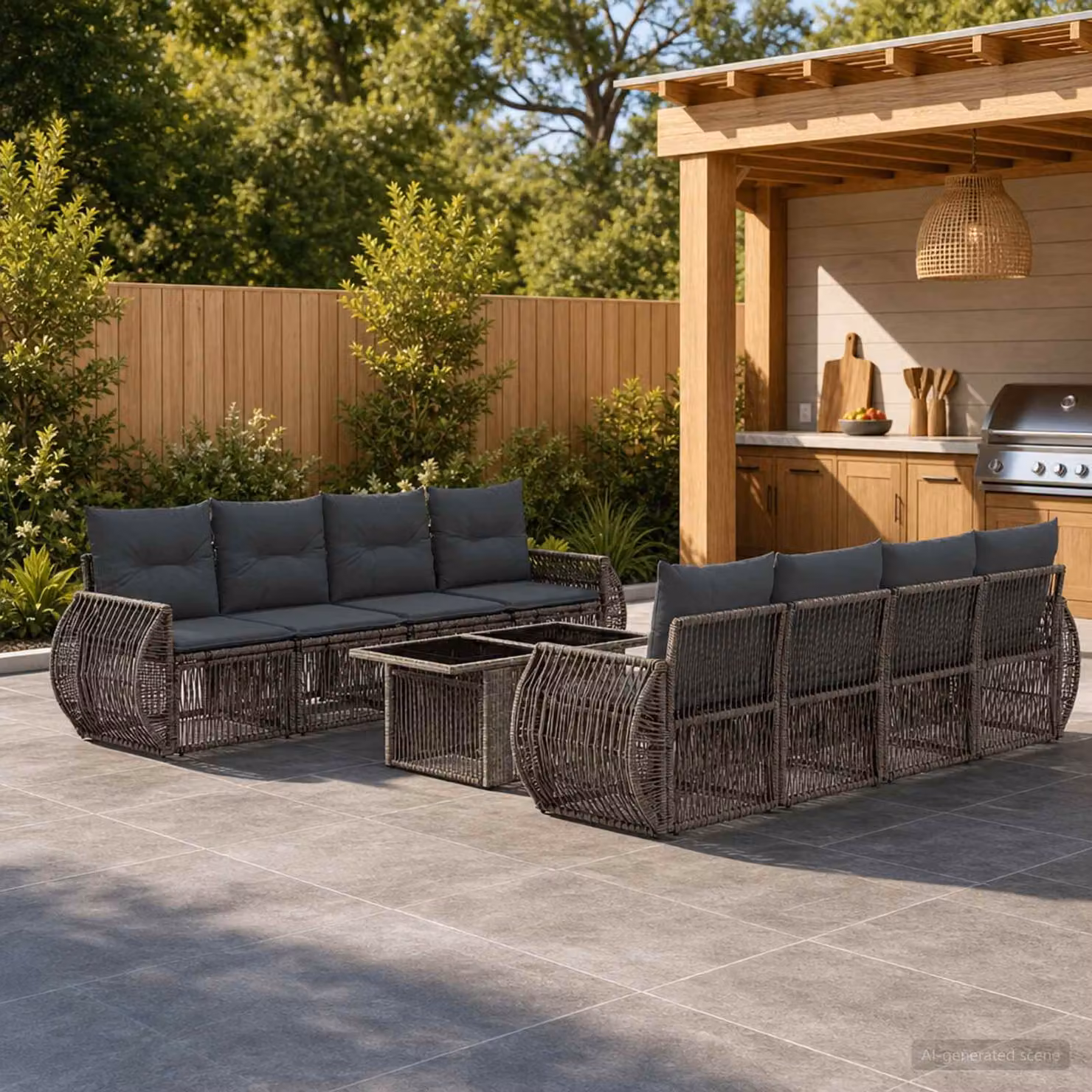 Set Divano da Giardino vidaXL in Polyrattan Grigio con Cuscini e Tavolino da Esterno 9 Pezzi