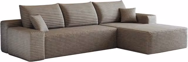 Divano angolare modulare boneless da 270 cm con chaise longue a L in tessuto cotone a coste camel