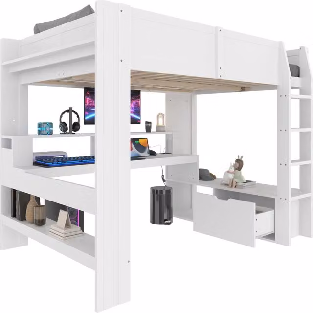Letto a soppalco singolo REDOM in legno di pino e MDF bianco con scrivania, scomparti laterali e illuminazione LED, L/P/H: 200 x 140 x 218 cm