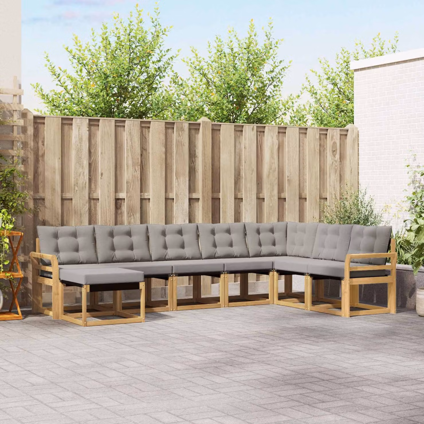 vidaXL Set di divani da esterno a L composto da 8 pezzi in legno di acacia con cuscini in tessuto textilene, colore bianco, grigio e marrone
