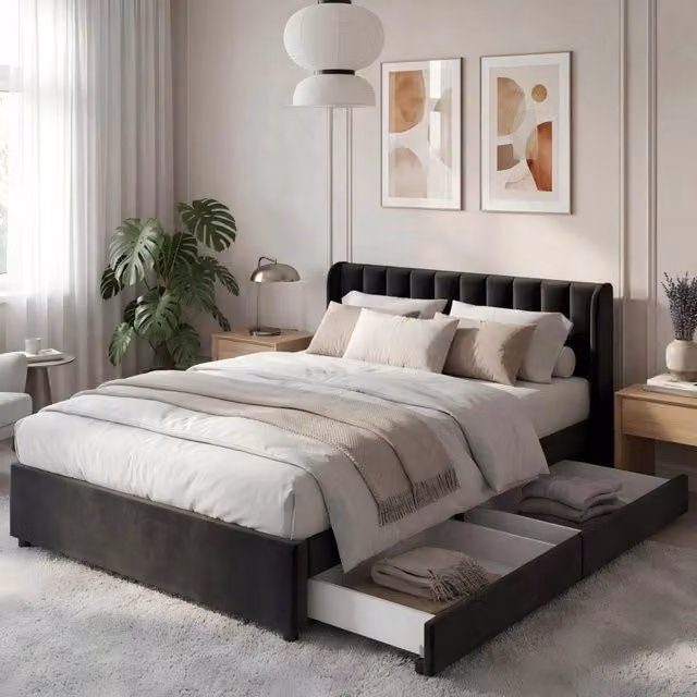 Letto imbottito 140x200 - Xylo - Velluto con 2 cassetti