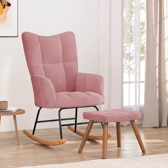 Poltrona a Dondolo con Poggiapiedi vidaXL in Velluto Rosa per il Relax in Soggiorno – 1