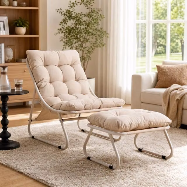 Poltrona da Giardino con Poggiapiedi Beige, Sedia Lounge in Acciaio con Cuscino Morbido per Interni ed Esterni
