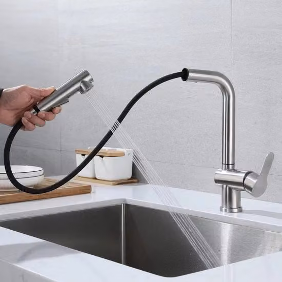 Cranio cucina, con regolazione di rubinetto mobile, doccia, 2 modalità di getto, rotativo 360° con bocca di getto estensibile, acciaio inox, finitura nichelata.