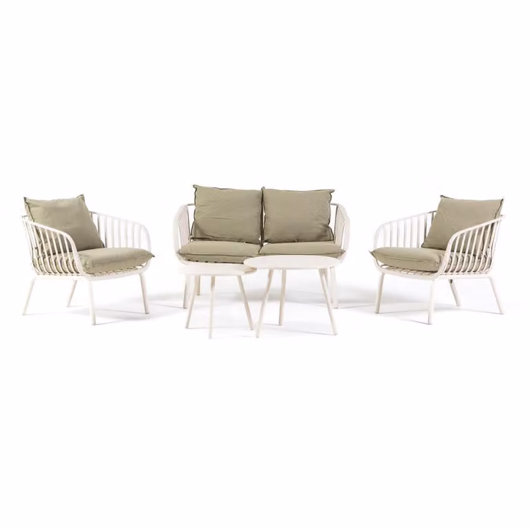 Set da giardino con divano a 2 posti, 2 poltrone e 2 tavoli - struttura in fibra di vetro rinforzata con resina e gambe in acciaio, cuscini sfoderabili da 10 cm - design moderno e confortevole per giardino, patio e veranda - BELLAGIO - Crema