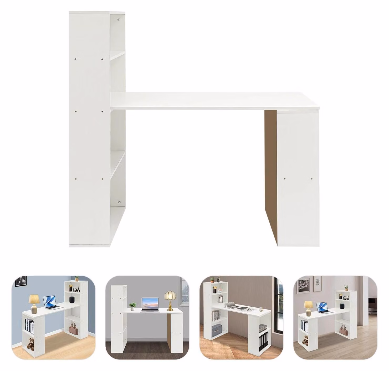 Scrivania, scrivania per computer, scrivania da ufficio 120 cm - Libreria a 4 ripiani - 2 contenitori laterali - Pannello di particelle rettangolare - Autoportante, colore bianco
