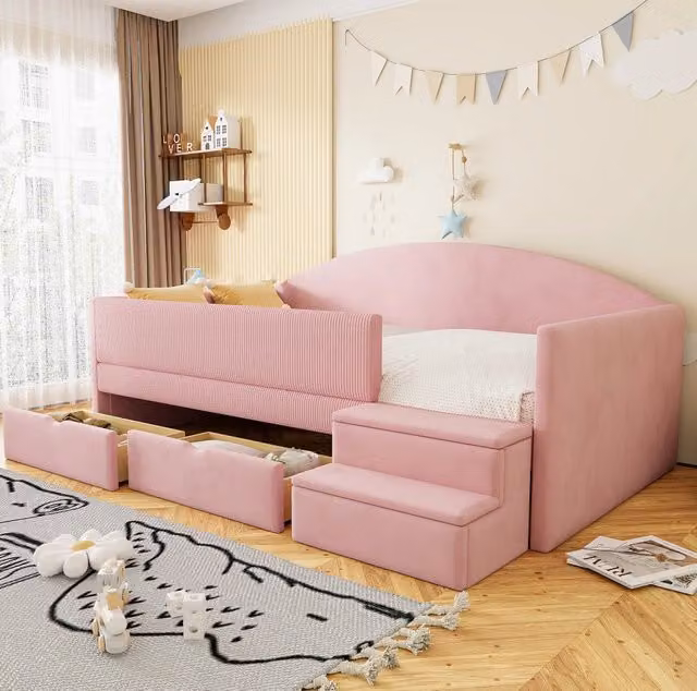 Letto imbottito multifunction 90x190 cm con due cassetti, protezioni laterali e scalini in velluto rosa senza materasso