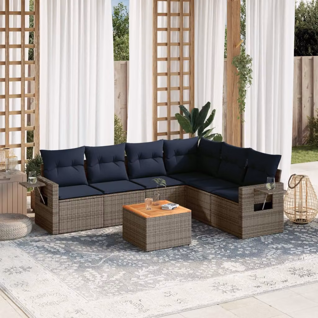 Set di divani da giardino vidaXL in polyrattan grigio con cuscini e tavolino da esterno a forma di L per 7 persone