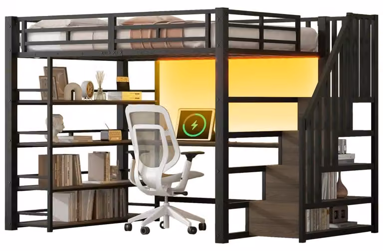 Letto a castello per bambini - Struttura in metallo - Scala con scrivania integrata - Spazio contenitivo - Stazione di ricarica USB - Illuminazione LED - Dimensioni 140 x 200 cm - Colore nero