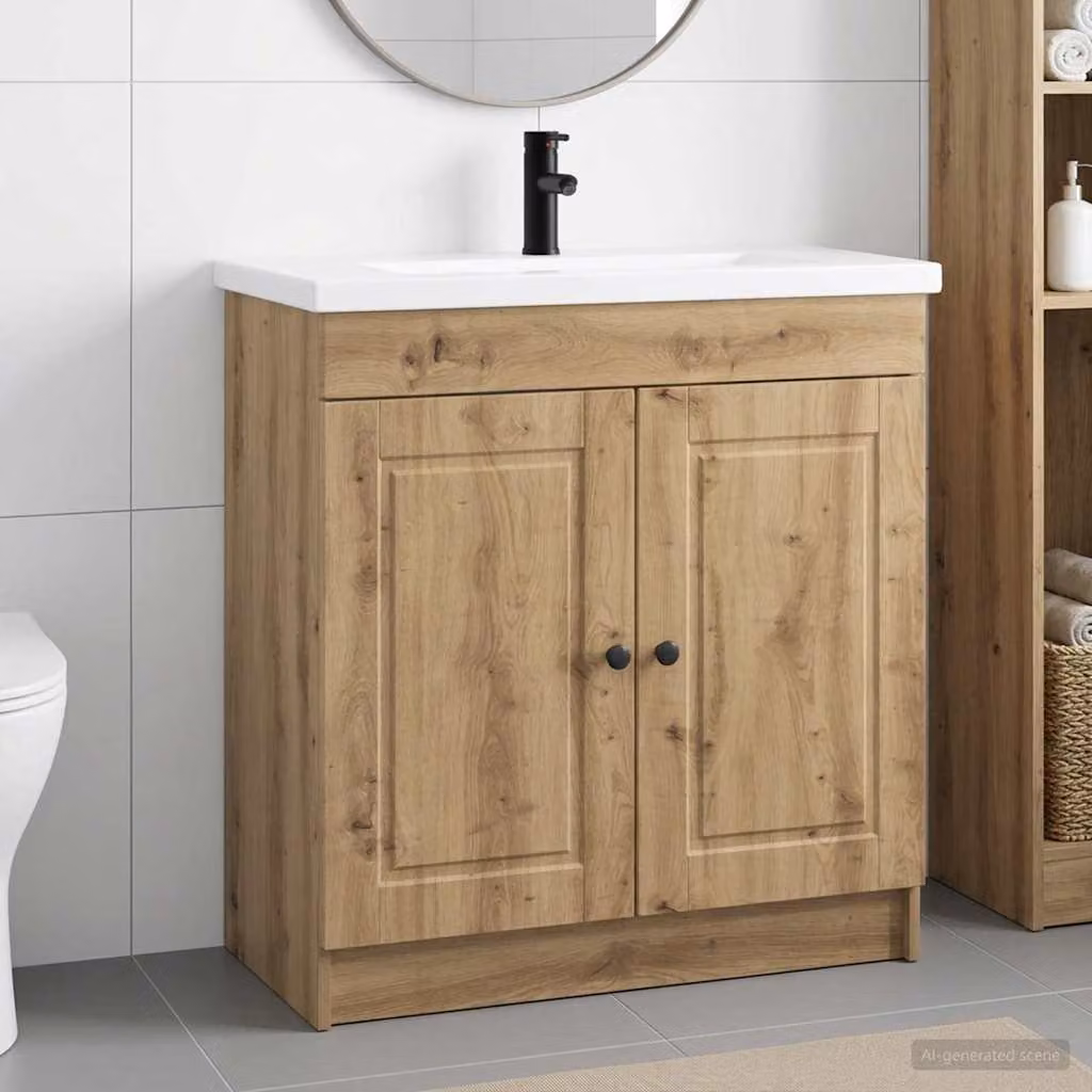 Set di mobili per il bagno moderno vidaXL in legno marrone con ante a battente e ripiani interni, L: 56 cm, P: 37,5 cm, H: 81 cm