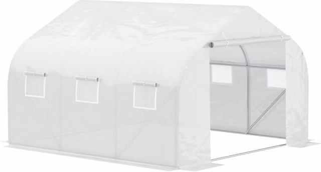 Serra a tunnel 445x299x205 cm in metallo bianco con finestre e porta avvolgibile