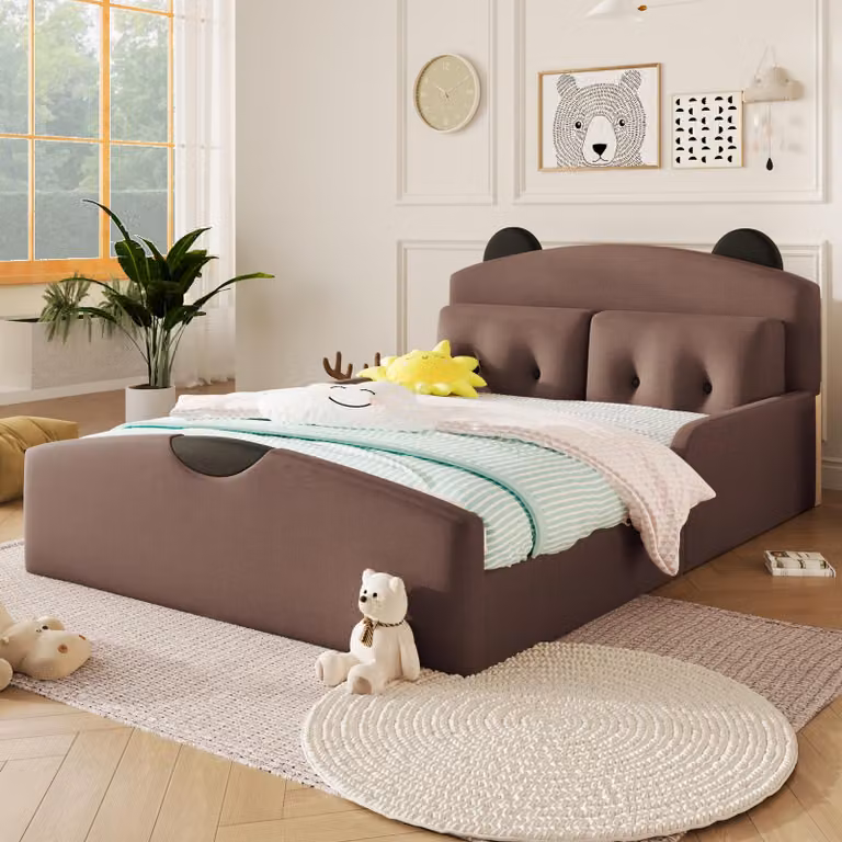 Letto imbottito 140 x 200 cm con rivestimento in lino, testiera a forma di orso e 2 cuscini decorativi, struttura del letto imbottita con capacità di carico fino a 150 kg, caffè