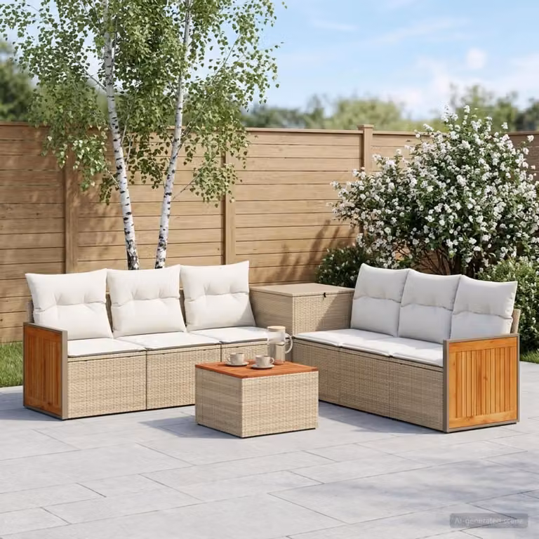 Set di divani da giardino vidaXL a forma di U in polyrattan con tavolo da caffè, 8 pezzi, Beige e Bianco Crema