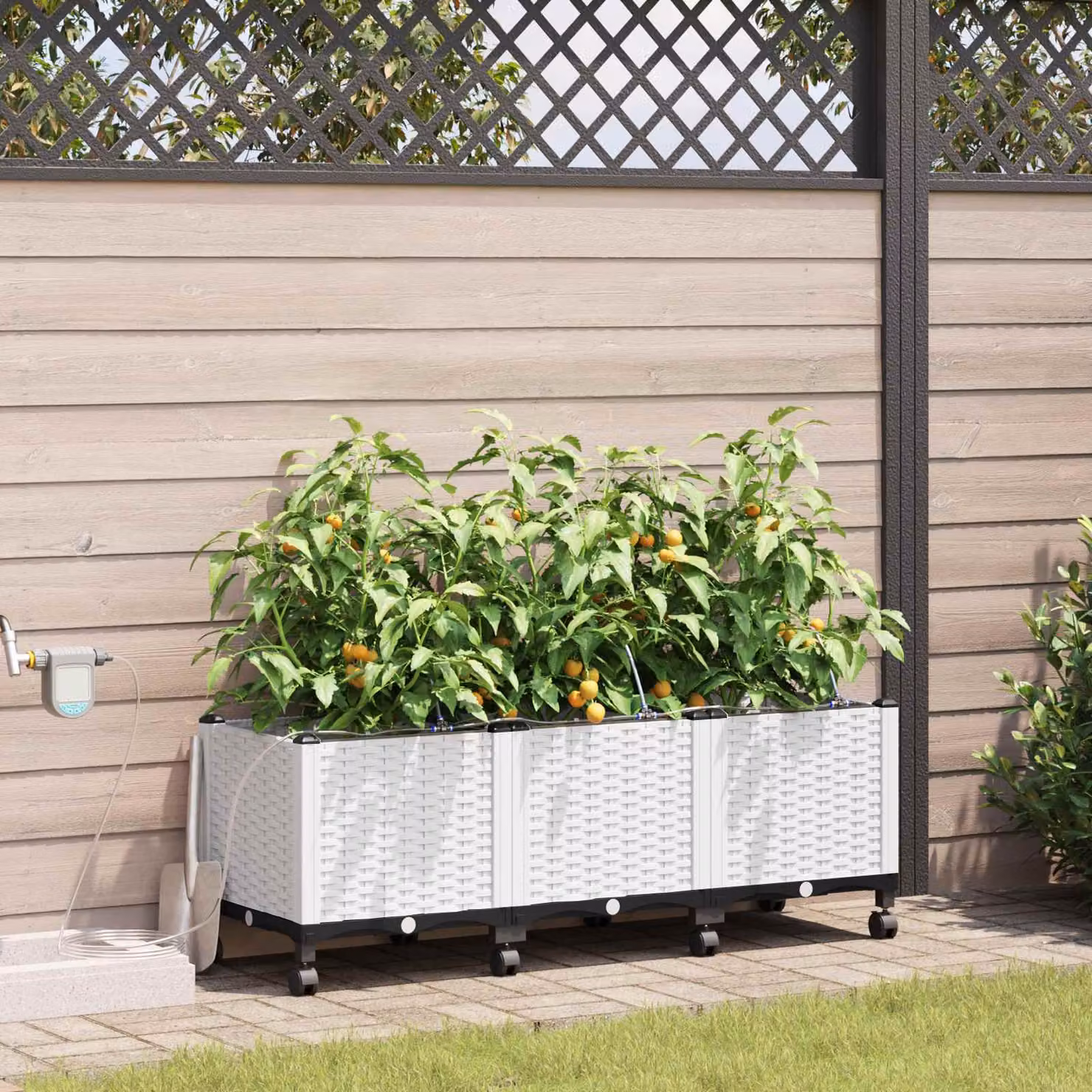 Set di 3 vasi da giardino con irrigazione e ruote vidaXL, colore bianco, in plastica