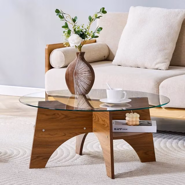 Tavolino rotondo moderno WISHDOR con piano in vetro trasparente e struttura in MDF color noce, Ø 80 cm, H 36 cm