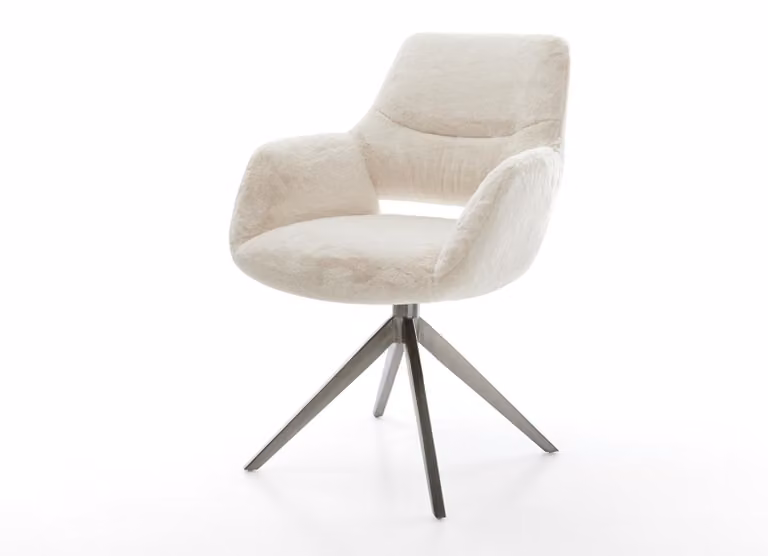 Sedia girevole DELIFE Yago-Flex con braccioli, rivestimento in peluche bianco crema, base a croce larga color grafite, rotazione a 360°, funzione oscillante, molle insacchettate