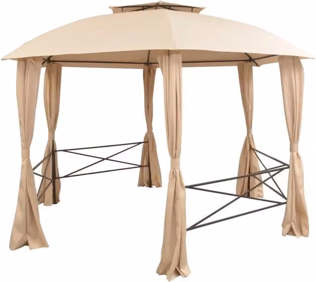 Gazebo esagonale con tende beige per giardino, L: 360 cm, P: 265 cm, H: 312 cm