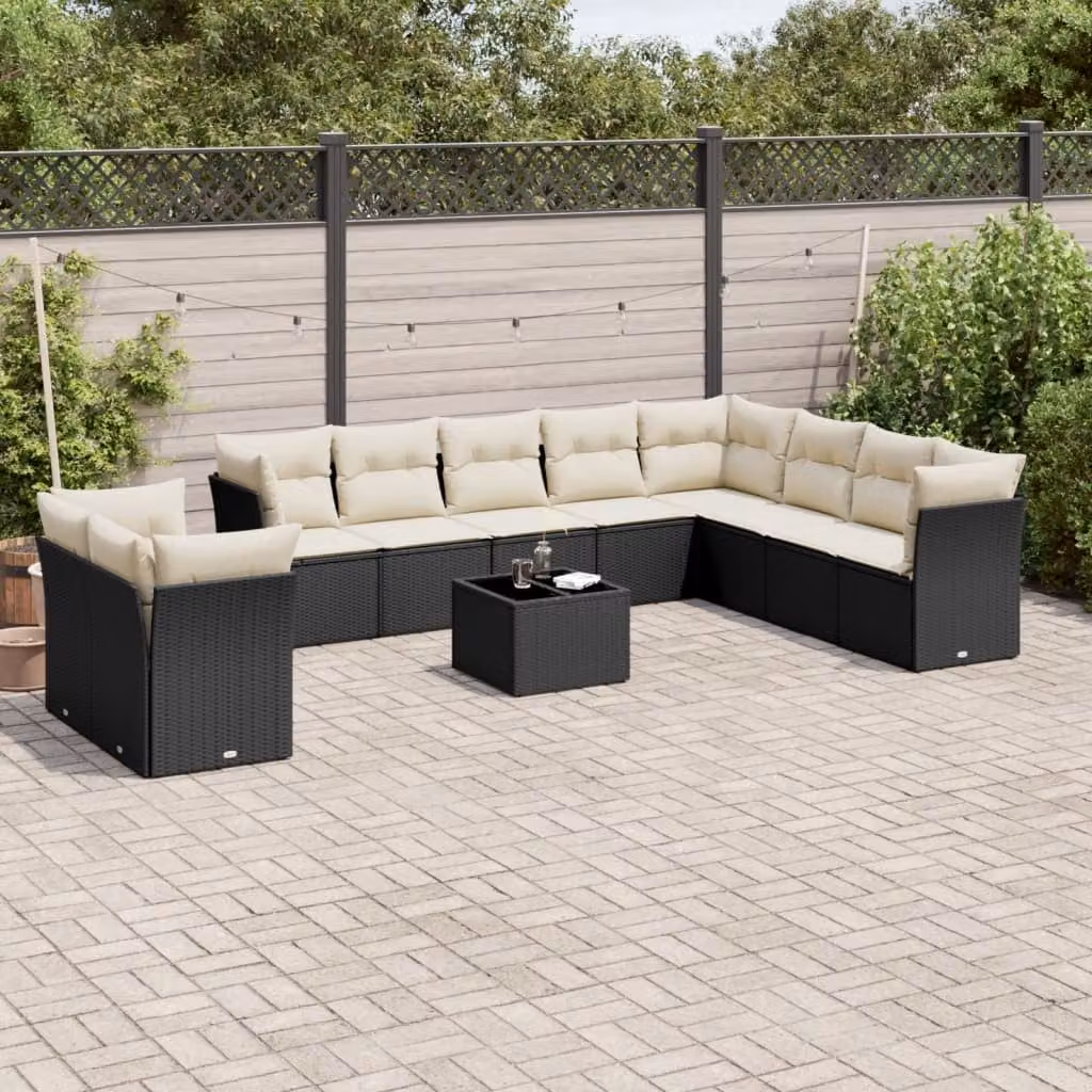 vidaXL Set Divani da Giardino 11 pz a Forma a U con Cuscini e Tavolino, Polyrattan e Acciaio Nero – 1