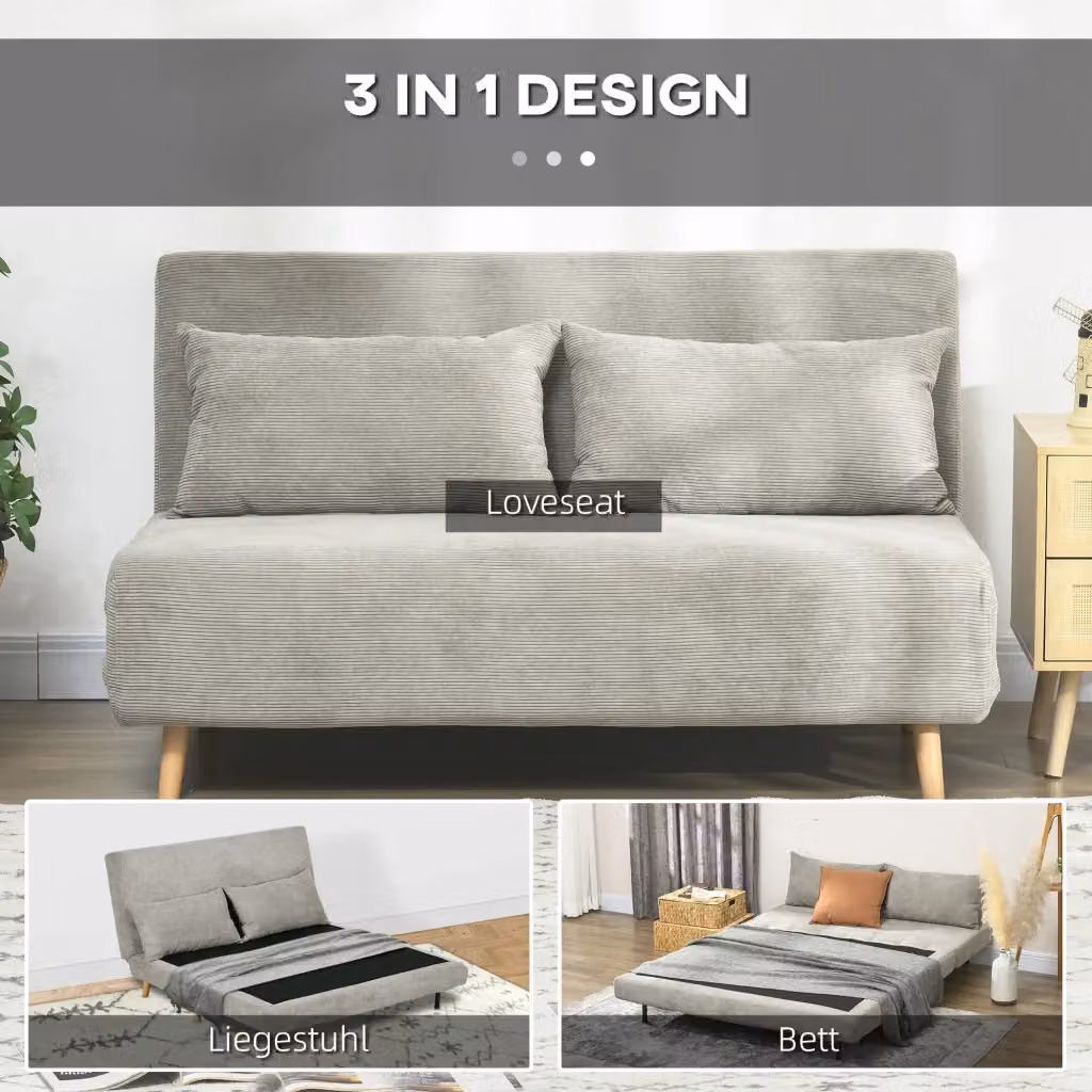 Divano letto REDOM grigio con schienale regolabile e struttura in legno di faggio, L: 141 cm, P: 90 cm, H: 81 cm – 2