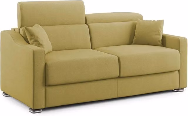 Divano letto matrimoniale Amber Divani.Store in tessuto smacchiabile giallo, con poggiatesta regolabile, L: 211 cm, Materasso: 160 x 200 cm