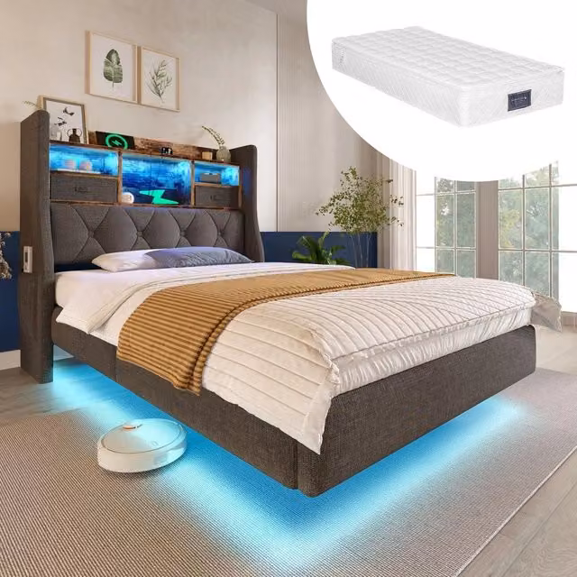 Letto Singolo Imbottito con LED e Contenitore ¨C MINIMAL ¨C Grigio, Tessuto, 90x200