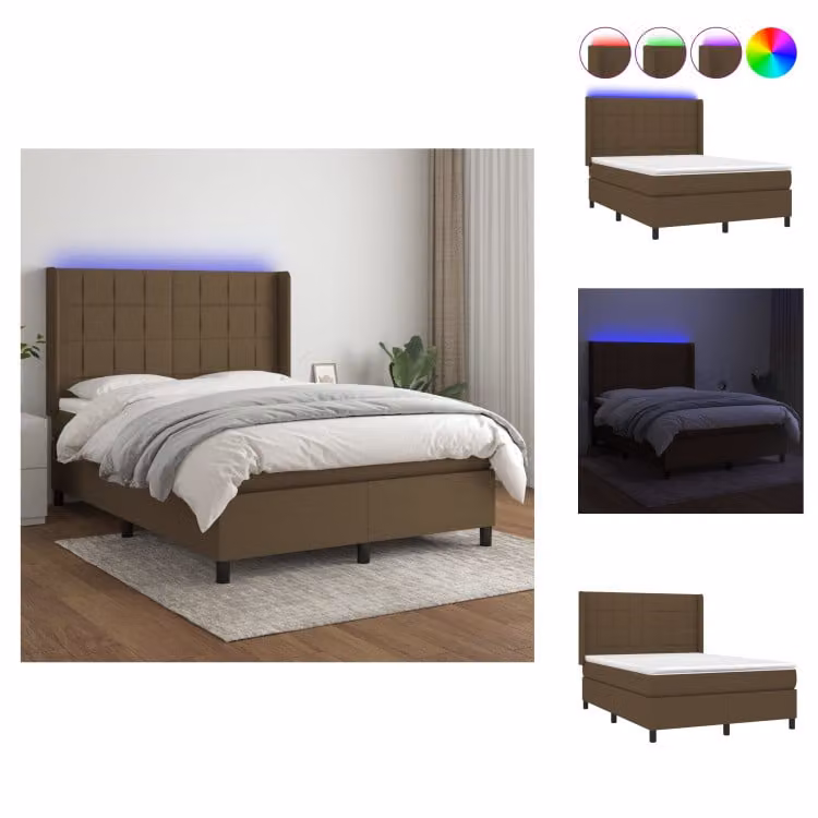 vidaXL Letto a molle con materasso e LED in tessuto marrone scuro 140x200 cm - Letti e strutture letto