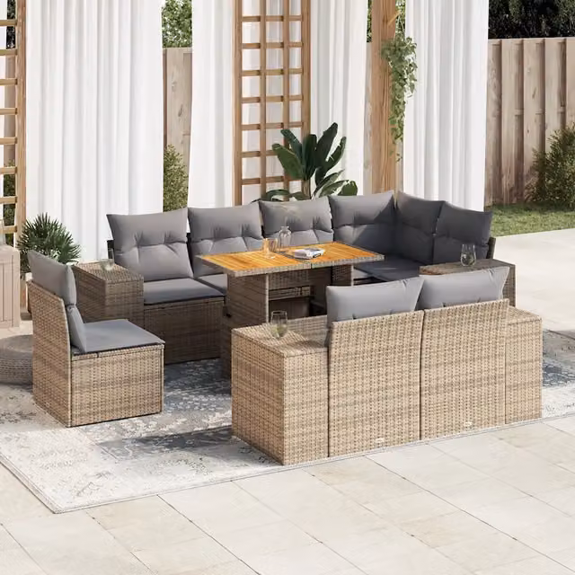 Set Divano da Giardino a L vidaXL 9 pz con Cuscini Beige e Tavolino in Polyrattan e Legno di Acacia – 1